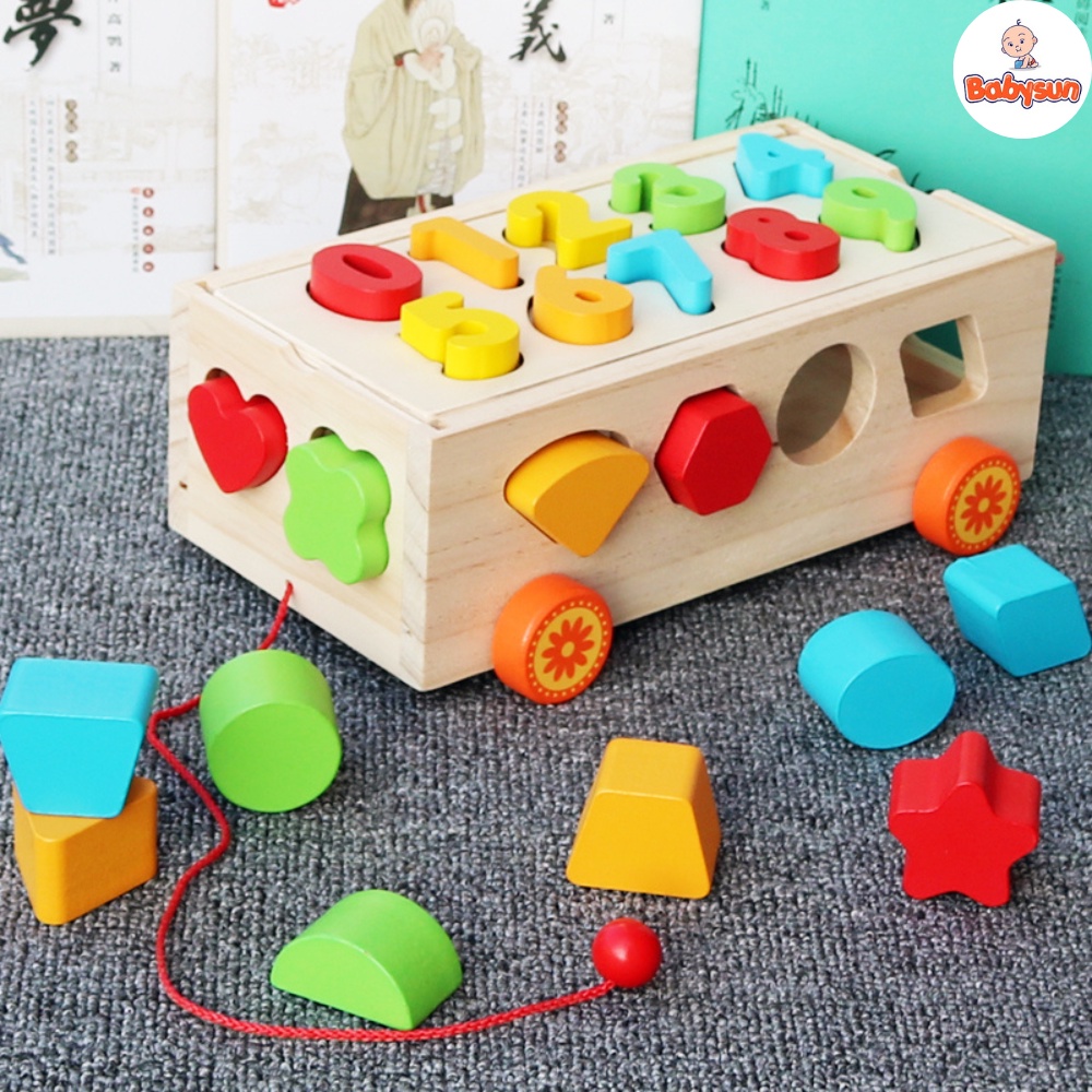 Bộ đồ chơi xe kéo thả hình khối và ghép số bằng gỗ cho bé - đồ chơi gỗ phát triển trí tuệ