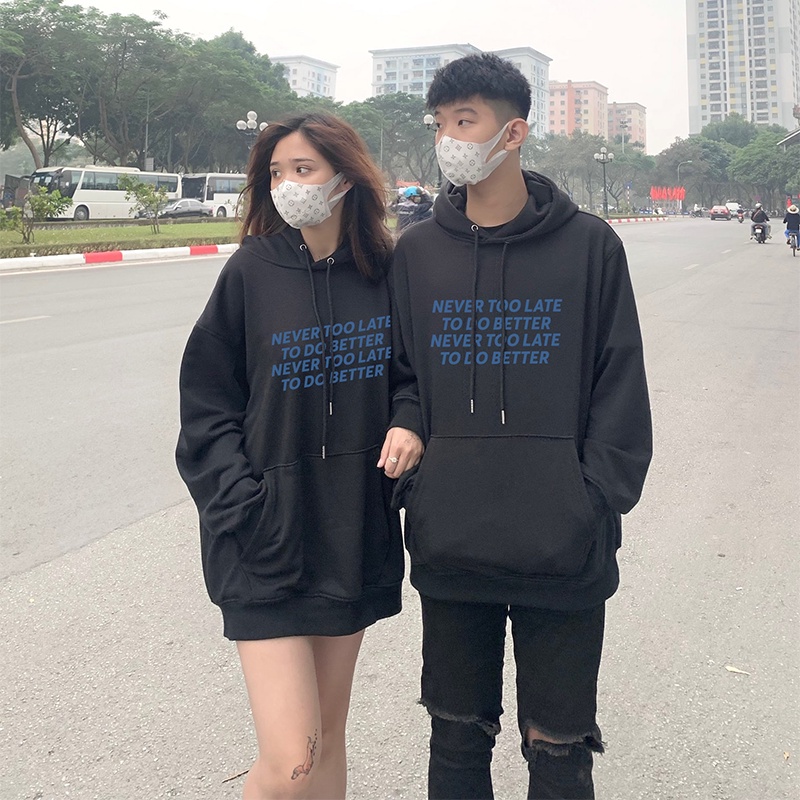 Áo hoodie đôi Never Too Late form rộng chất liệu nỉ bông đẹp giá rẻ F12 Collection HD123