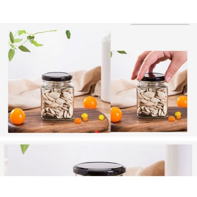 Lọ thủy tinh vuông 500ml 730ml 280ml 380ml 200ml 100ml nắp kim loại chống tràn đen