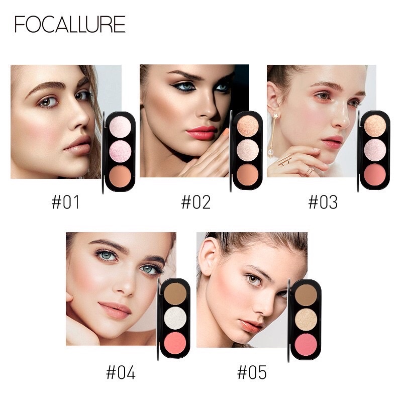 Bảng má hồng, bắt sáng 3 ô FOCALLURE Blush & Highlighter Palette