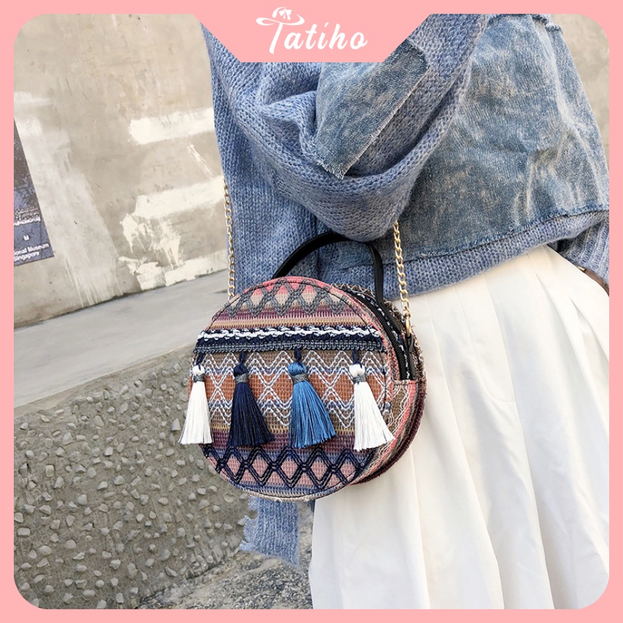 [HÀNG XỊN, GIÁ TỐT] Túi BoHo ( Túi Thổ Cẩm) Đeo Chéo Hình Tròn Phối Tua Rua Thời Trang - Mã TUI51
