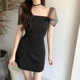 [KÈM ẢNH THẬT] Đầm Chữ A Nữ Đi Tiệc Đen Hai Dây Phối Lưới
