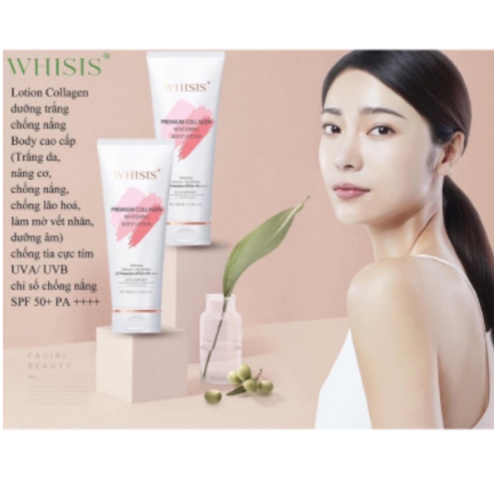 Whisis Kem dưỡng thể trắng da nâng tone chống nắng Whisis Premium Collagen Whitening Body Lotion Hàn Quốc 200ml