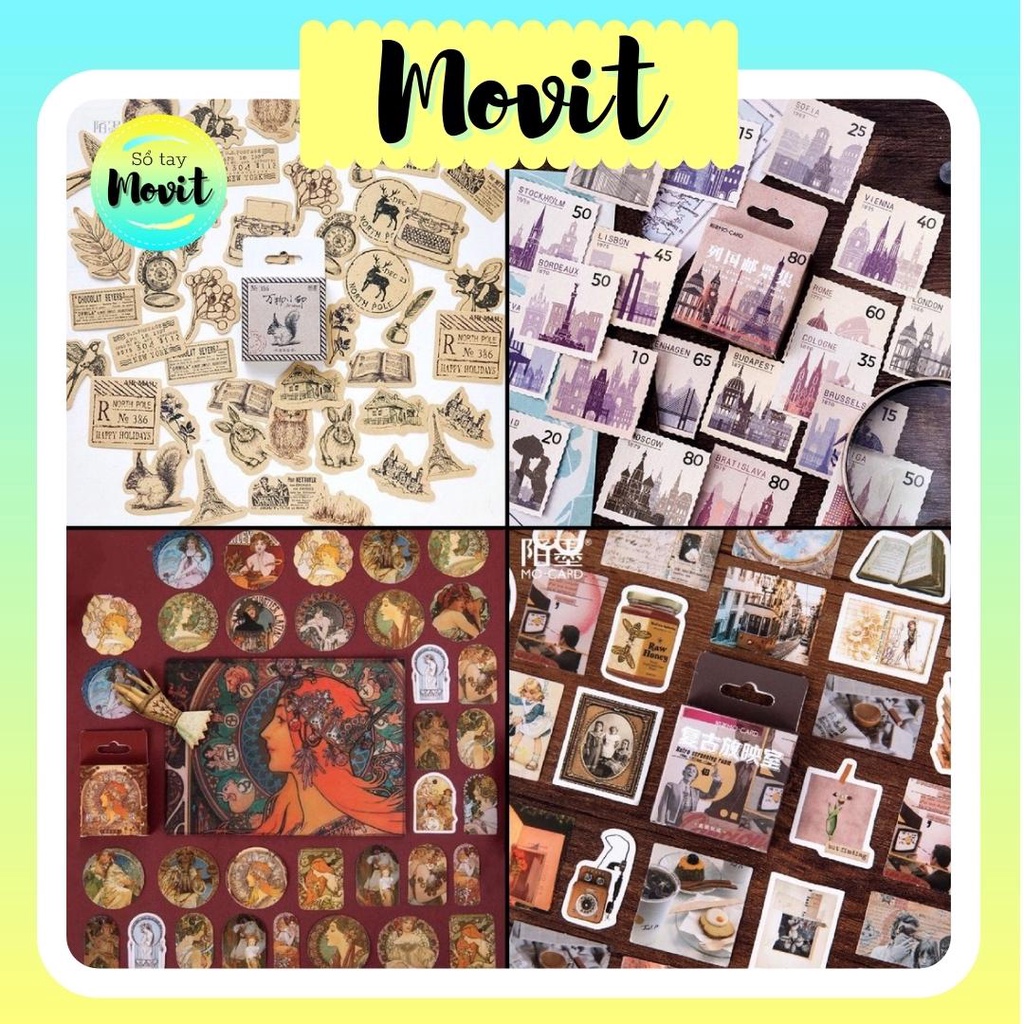 Bộ 45 sticker phong cách vintage trang trí sổ tay