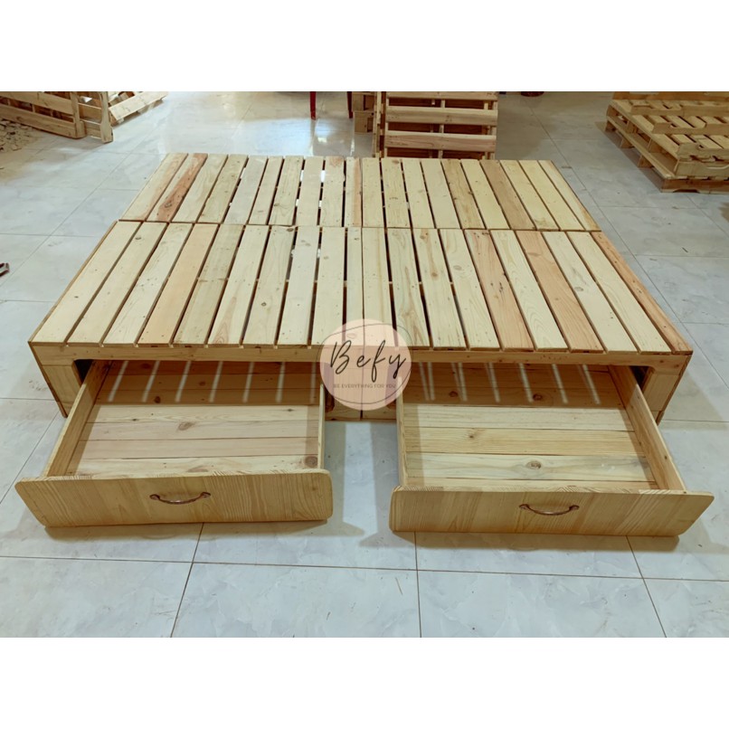 Giường Pallet Gỗ Thông Hộc Kéo / Giường Gỗ Thông Cao 30cm / Giường Gỗ Cho Homestay