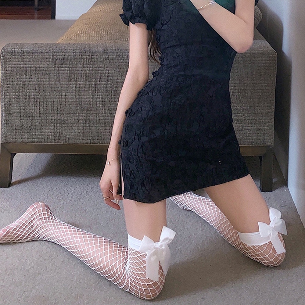 Tất lưới dài trong suốt đính nơ phong cách Lolita Hàn Quốc quyến rũ cho nữ