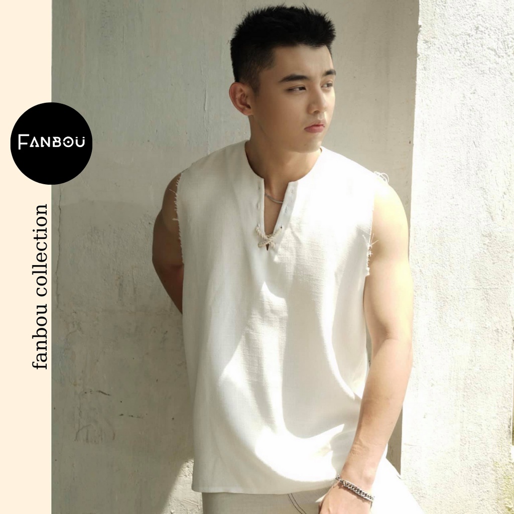 Áo sơ mi nam tanktop sát nách cổ xẻ V thắt dây
