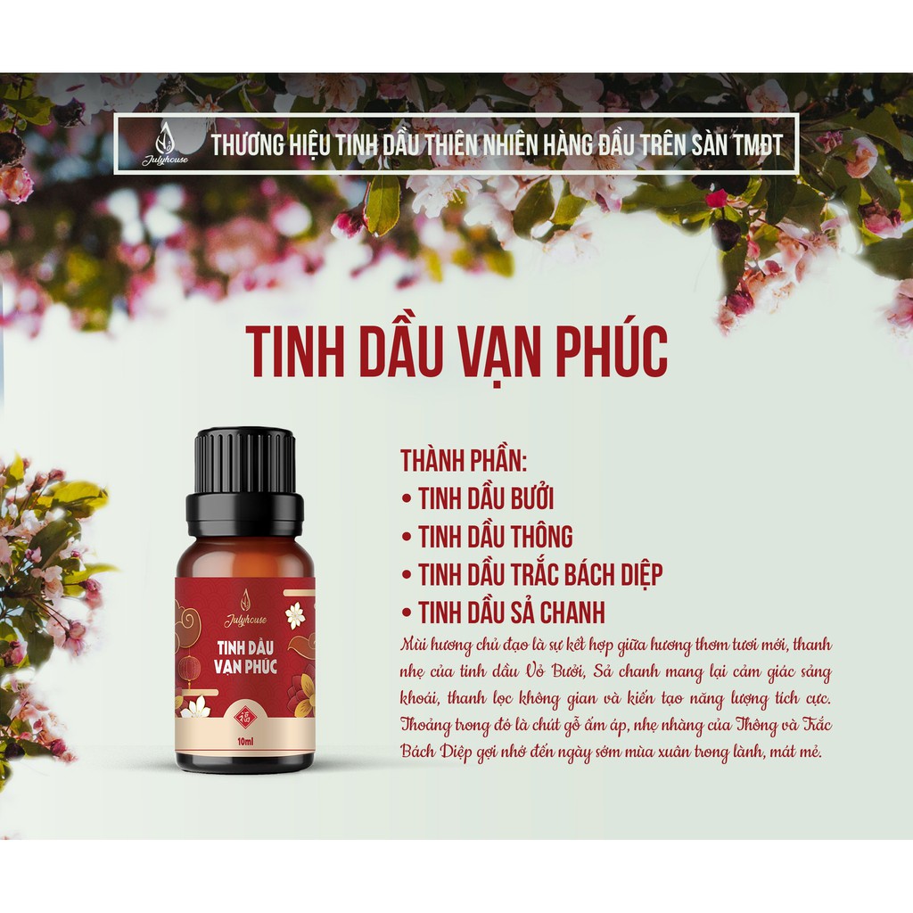 Tinh dầu Vạn Phúc 10ml JULYHOUSE hương vị Tết kết hợp tinh dầu Vỏ Bưởi, Sả Chanh, Thông và Trắc Bách Diệp