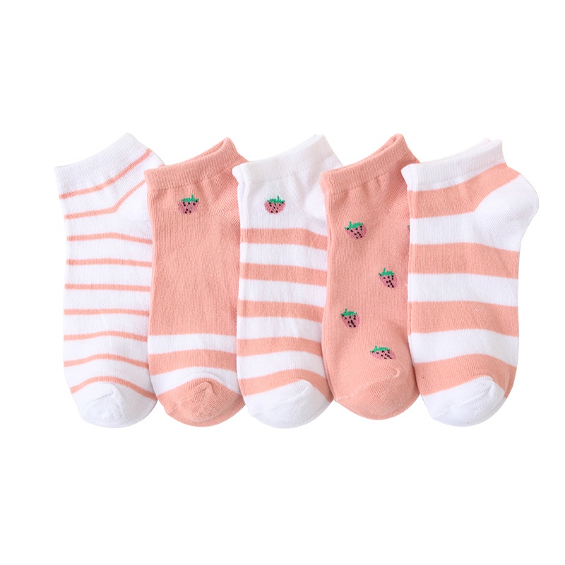 ❤️FREESHIP❤️ Tất - Vớ nữ Dâu tây Hồng Cotton Trơn Ulzzang Cổ Ngắn gân tăm Phong Cách Vintage Hàn Quốc