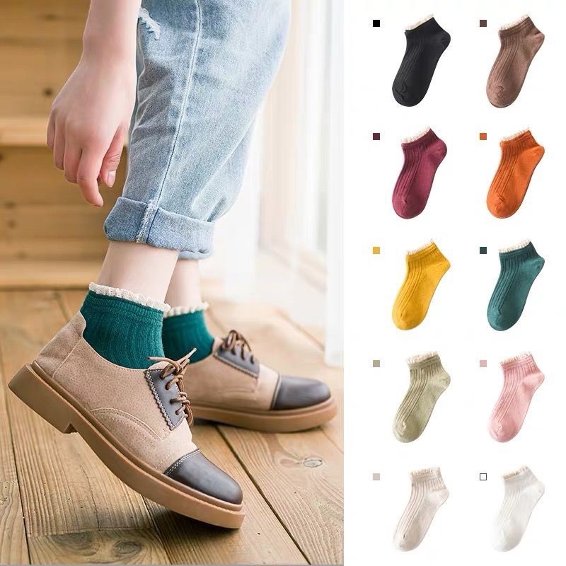 SET 5 ĐÔI.HOT. SIÊU RẺ ĐẸP  Tất nữ nhún cổ thấp,vớ nữ nhún cổ thấp viền bèo cực xinh,cotton phong cách vintage Hàn.