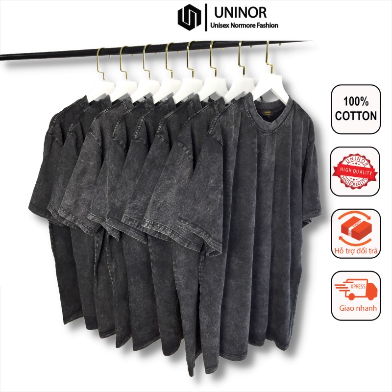 Áo thun tay lỡ wash xám unisex form rộng chất cotton chất dày mềm mịn Uninor