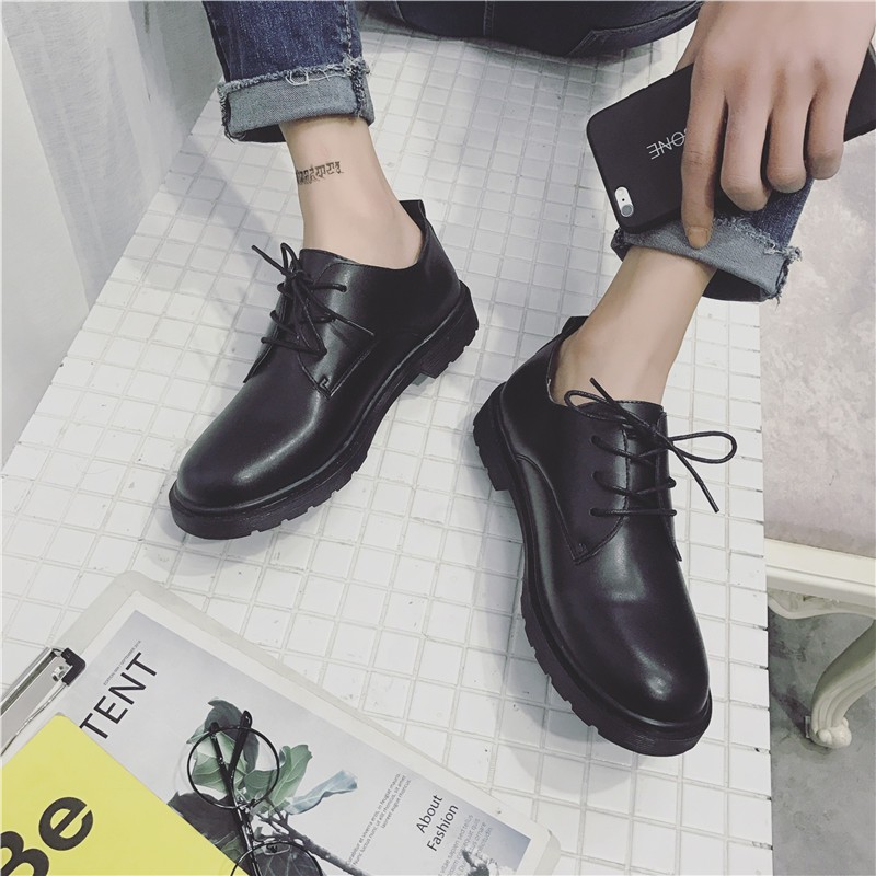 Giày Da Mũi Tròn Cột Dây Phong Cách Retro Anh Quốc Cho Nam Nữ