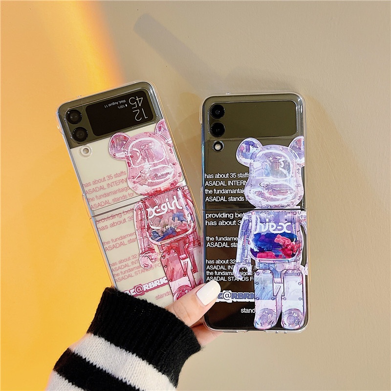 Ốp điện thoại PC cứng trong suốt chống sốc kèm giá đỡ họa tiết hoạt hình cho Samsung Galaxy Z Flip 3 5G