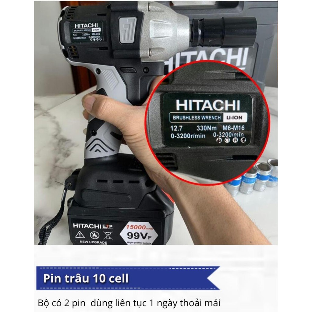 Máy siết bulong dùng pin không chổi than Hitachi 99v PIN khủng 10 Cell -TẶNG KÈM 5 ĐẦU KHẤU