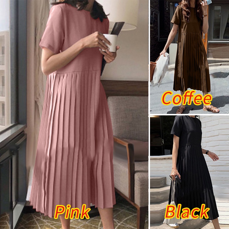 Đầm maxi ZANZEA màu trơn xếp ly cổ tròn tay áo một nửa phong cách retro cho nữ