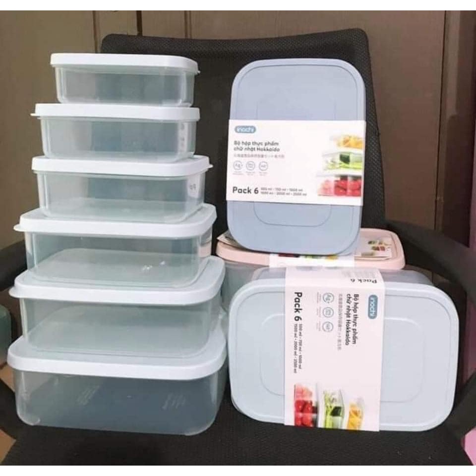 Bộ 6 hộp thực phẩm chữ nhật Hokkaido 500-750-1000-1500-2000-2500 inochi SX và TK theo phong cách tiêu chuẩn Nhật Bản