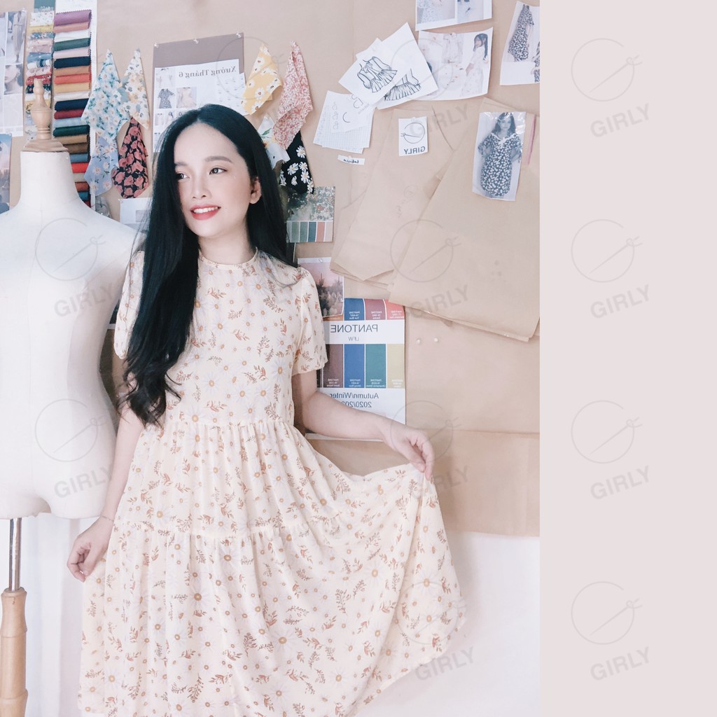 Đầm babydoll hoa voan cổ tròn 2 tầng