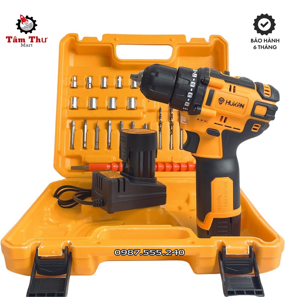 Máy Khoan Pin 18V Hukan KHÔNG CHỔI THAN Tặng Kèm 23 Chi Tiết