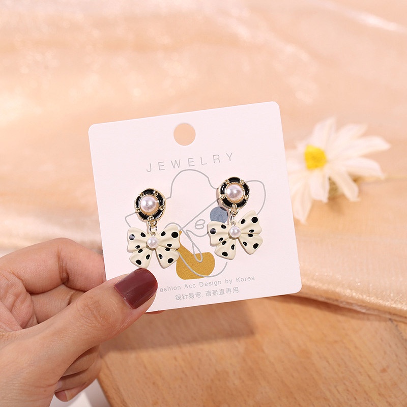 Bông Tai Mạ Bạc 925 Hình Nơ Chấm Bi Đính Ngọc Trai Phong Cách Vintage