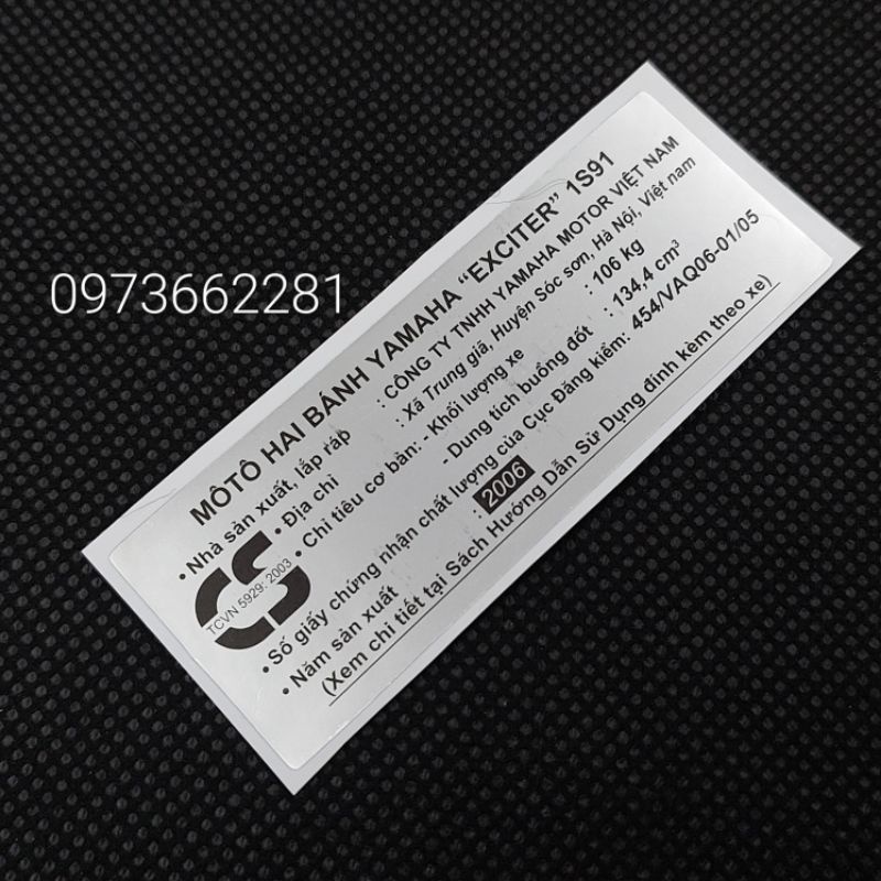 Tem dán càng gắp EXCITER 2006.1S91, Tem thông số năm Sản xuất