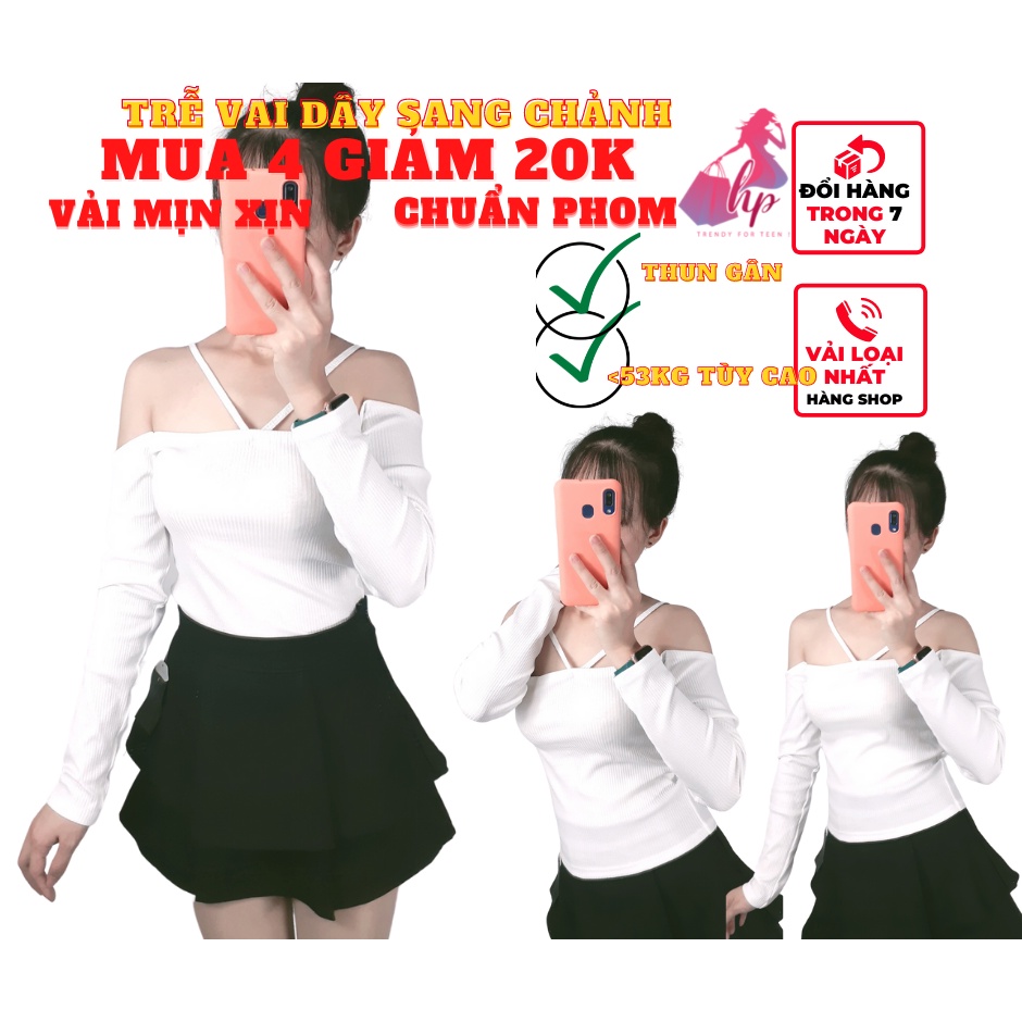 áo 2 dây nữ kiểu bẹt trễ vai tay dài  vải thun gân màu trắng đen mịn xịn sang chảnh phong cách hàn quốc