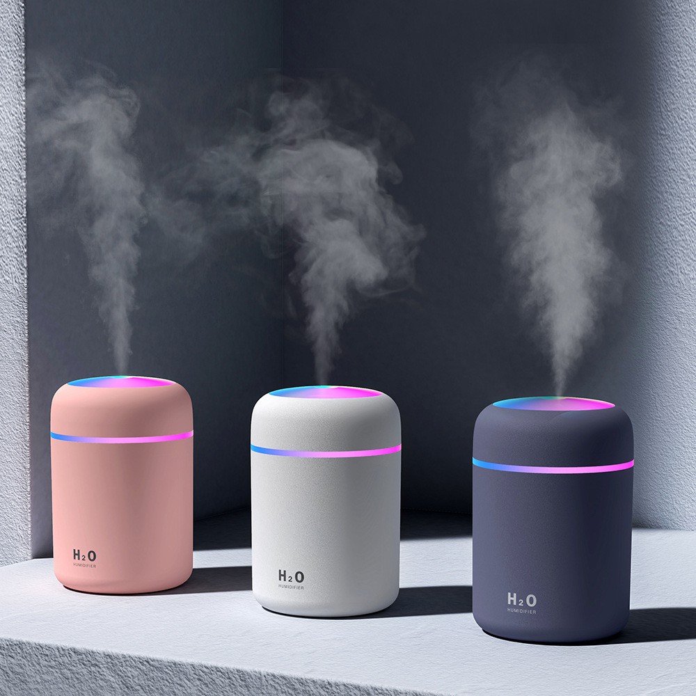 Máy phun sương mini, Máy xông tinh dầu tạo ẩm không khí và khuếch tán tinh dầu H20 Humidifier 300ml Có đèn LED