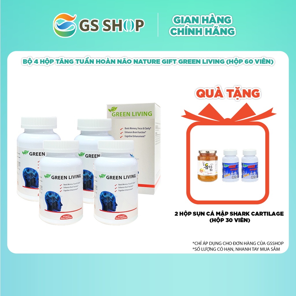 Bộ 4 Hộp Tăng Tuần Hoàn Não Nature Gift Green Living (Hộp 60 viên) | TẶNG: 2 Hộp Sụn cá mập Shark Cartilage (Hộp 30 viên