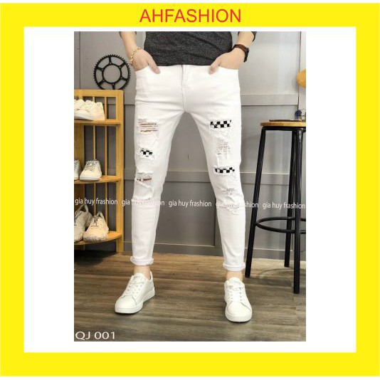 Quần jean nam trắng rách gối chất bò co giãn cao cấp mẫu mới nhất AHFASHION