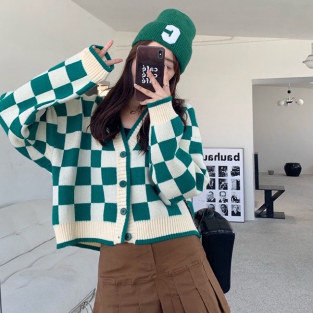 áo khoác cardigan len dáng croptop sọc caro màu xanh phong cách hàn quốc A665 nội y xanh chất len quảng châu
