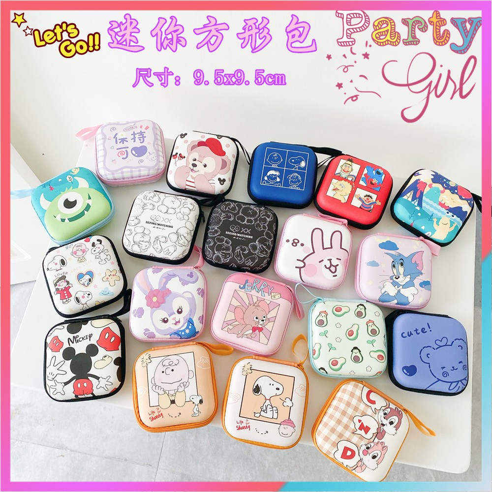 Hộp Đựng Tiền Xu / Dây Cáp Sạc Đa Năng Chống Sốc Hình Vuông Mini In Họa Tiết Hoạt Hình Dễ Thương