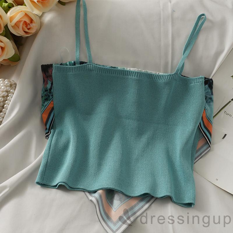 Áo lửng 2 dây mảnh dệt kim không tay viền khăn kiểu Bohemia cho nữ