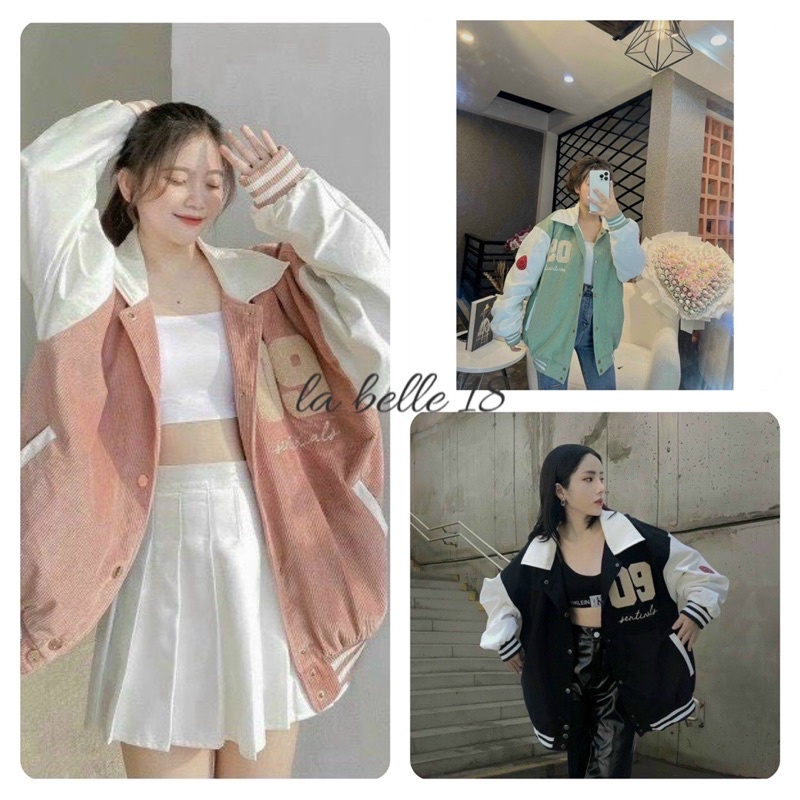 Áo Khoác Nhung Tăm Cổ Bẻ Thêu Số 09 Áo Bomber Bóng Chày Logo Tay Dáng Rộng