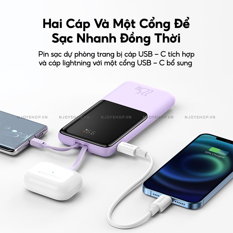 Sạc Dự Phòng Mini 10000mAh BASEUS Elf Digital Display Sạc Nhanh PD 22.5 W Trang Bị Cáp Type-C Lightning Đèn Led Báo Pin