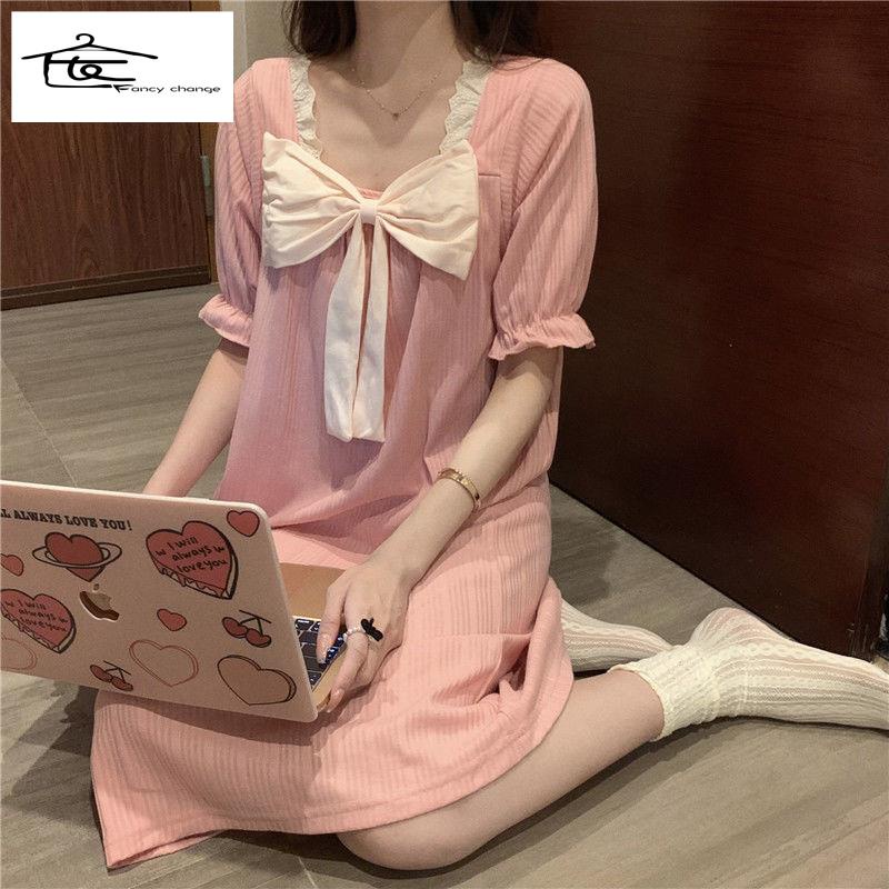 Đầm Ngủ Hai Dây Đính Nơ Dễ Thương Thời Trang Mùa Hè Cho Bạn Gái