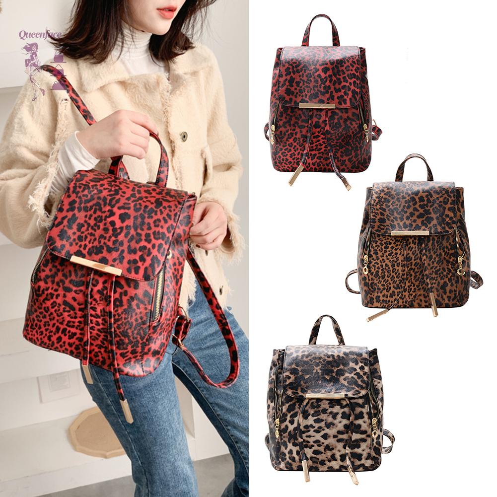 Queen_Fashion Leopard Women Backpack Retro PU Leather Travel Shoulder Schoolbags ☆