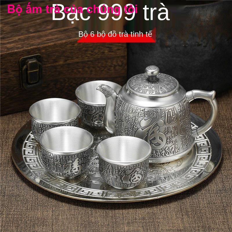 nhà cửa đời sốngBộ ấm trà bạc Baifu 999 sterling phong cách Trung Quốc 1 khay bình 6 chén Longteng retro để gửi qu