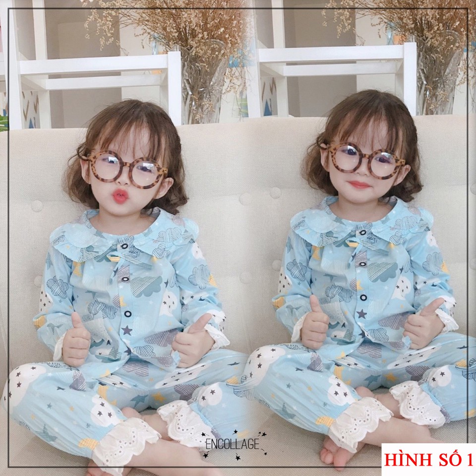 Bộ pijama thô lụa dài tay viền ren cổ bèo in hình cho bé gái