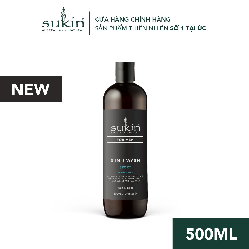 Sữa Tắm Sukin Thể Thao Phóng Khoáng 3 Trong 1 Dành Cho Nam Sukin For Men 3 - in - 1 Wash Sport 500ml