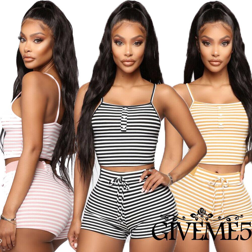 Bộ đồ ngủ áo hai dây + quần ngắn kẻ sọc cho nữ