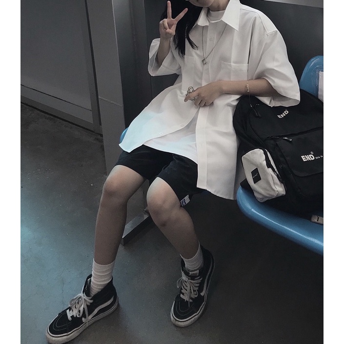 ÁO SƠ MI TAY CỘC DÁNG RỘNG 2 TÚI NGỰC ( DAD SHIRT ) | BigBuy360 - bigbuy360.vn