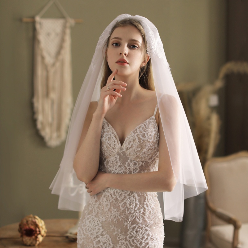 Mạng Che Mặt 2 Tầng Phối Ren Hoa Kèm Lược Trang Trí Cho Cô Dâu