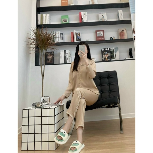 Bộ Pijama Chất Lụa Latin Trơn Viền Ren Mặc Nhà Cao Cấp