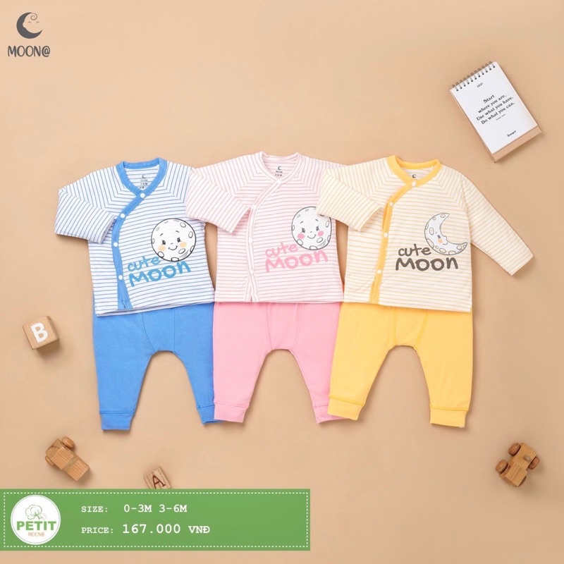 Bộ cài lệch sơ sinh Moon vải petit cho bé trai/bé gái