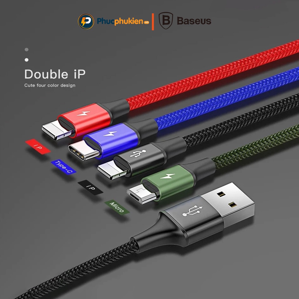 Cáp sạc nhiều đầu Baseus Rapid gồm 2 đầu iPh + 1 đầu Micro Usb + 1 đầu Type C - Phúc Phụ Kiện Bảo hành 12 tháng 1 đổi 1