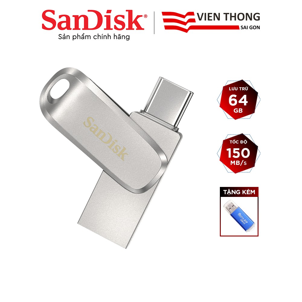 USB OTG 3.1 Gen 1 SanDisk 64GB SDDDC4 Ultra® Dual Drive Luxe USB Type-C upto 150MB/s vỏ kim loại tặng kèm đầu đọc thẻ