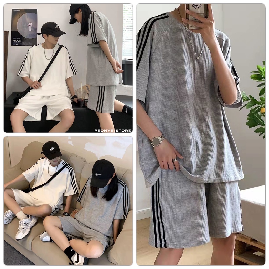 Set Thun Trơn 3 Sọc PEONYB Unisex [FREESHIP]  Bộ đồ cộc quần short ống rộng áo phông tay lỡ thể thao hàn quốc Ulzzang
