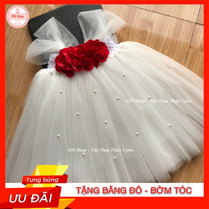 Váy tutu cho bé ❤️FREESHIP❤️ Váy tutu trắng hoa hồng đỏ đính đá cho bé gái