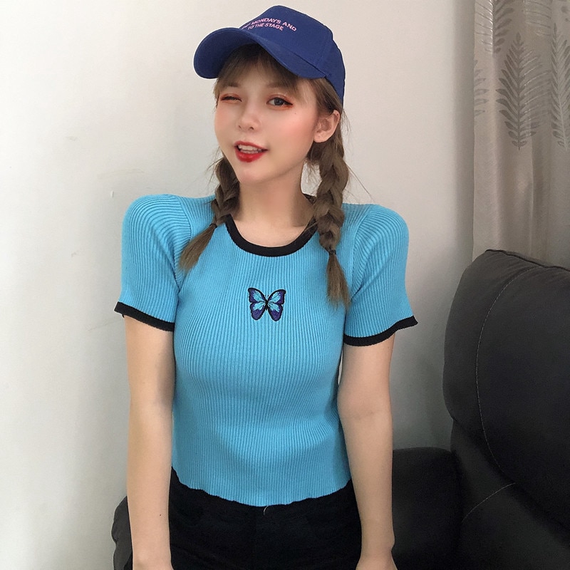 Áo thun dệt kim tay ngắn cổ tròn màu trơn ôm dáng đơn giản thời trang mùa hè dành cho nữ | BigBuy360 - bigbuy360.vn