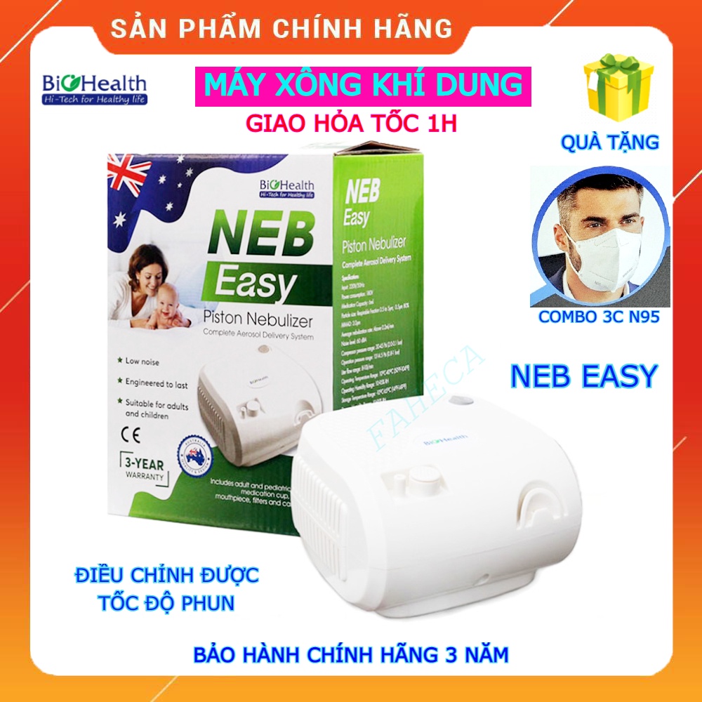 (HỎATỐC-1h)Máy xông mũi họng Biohealth NebEasy, Máy xông khí dung Neb Easy trẻ em & người lớn - Độ ồn thấp - Chính hãng