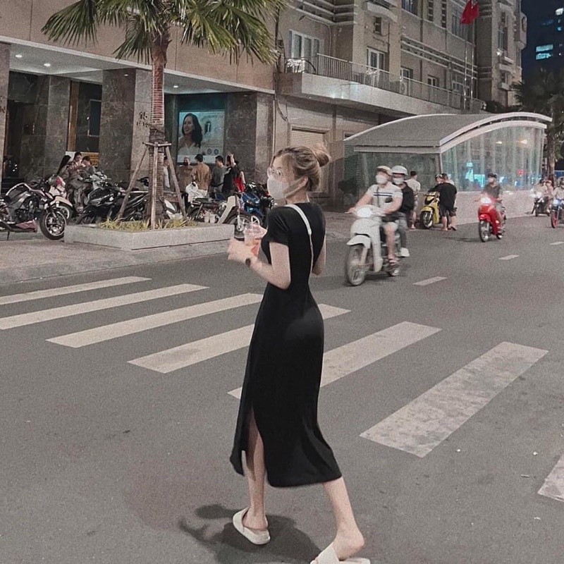 Đầm body cổ tròn dáng dài xẻ tà , Váy maxi ôm body xẻ tà sexy tôn dáng